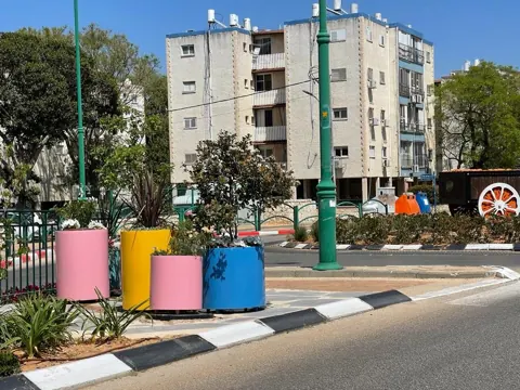 أحواض وردية وصفراء وزرقاء على جزيرة مرورية